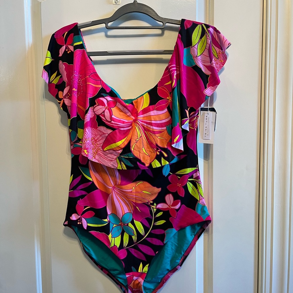 Trina Turk Pink and Black One Piece Swimsuit with Ruffled Sleeves